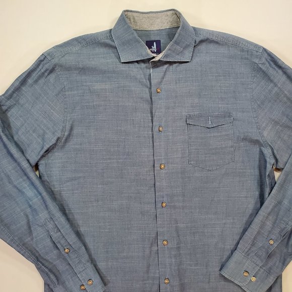 Johnnie-O Shirt Mens Large Chambray Tailored Fit Casual Button Up Coastal Preppy - Picture 4 of 14